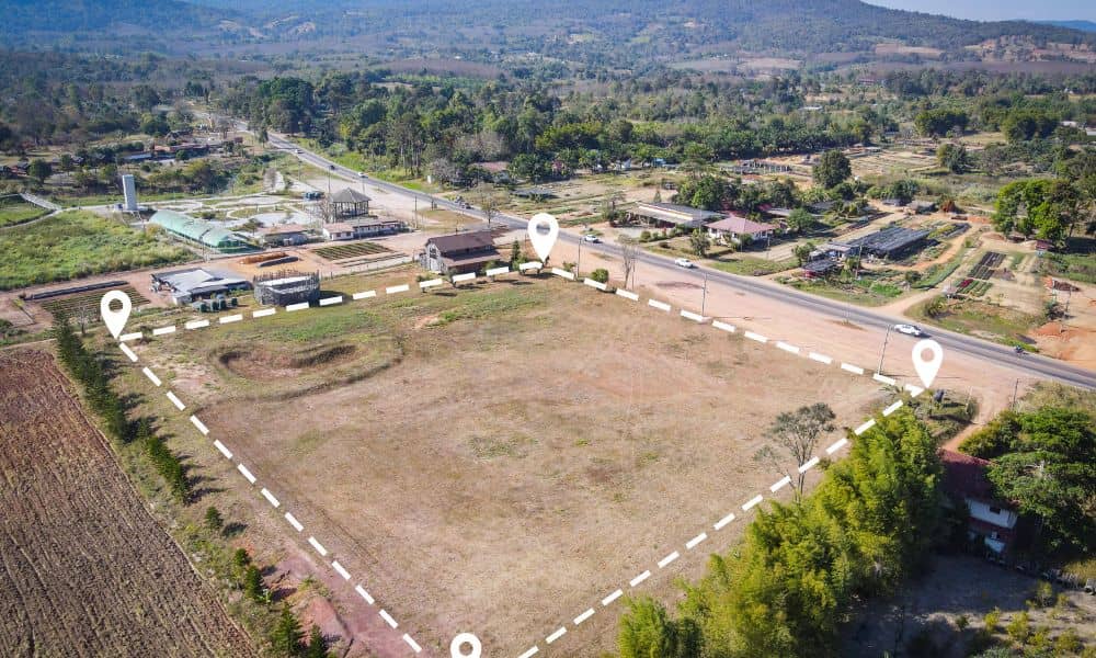 Aerial view of a property with clearly marked boundaries, highlighting the details checked during an ALTA survey