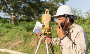 A surveyor uses specialized equipment to conduct a property survey before land development begin
