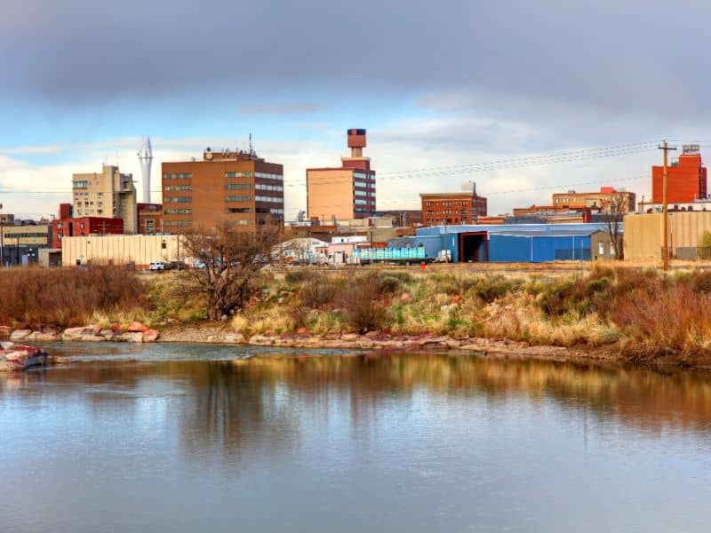 Downtown Casper, Wyoming with the North Platte River highlighting local floodplain risks for ALTA surveys.