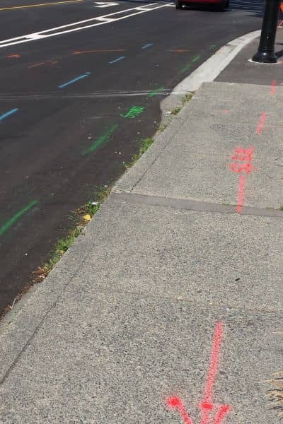 Color-coded utility markings on pavement showing underground lines for an ALTA land title survey
