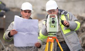Surveyors reviewing plans and using total station equipment while collecting utility records for an ALTA land title survey