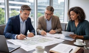 Commercial real estate professionals reviewing plans during due diligence before ordering an ALTA land title survey