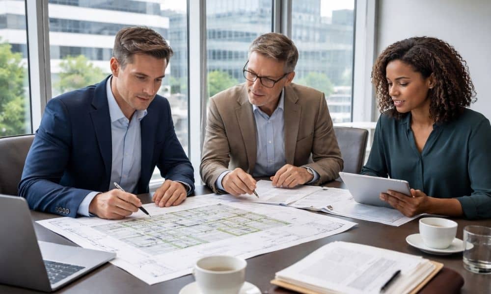 Commercial real estate professionals reviewing plans during due diligence before ordering an ALTA land title survey