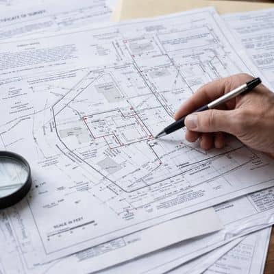 Close-up of survey plats and property documents being reviewed to support early due diligence decisions in an ALTA land title survey
