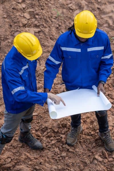 Two surveyors wearing hard hats reviewing detailed plans in the field during an ALTA survey