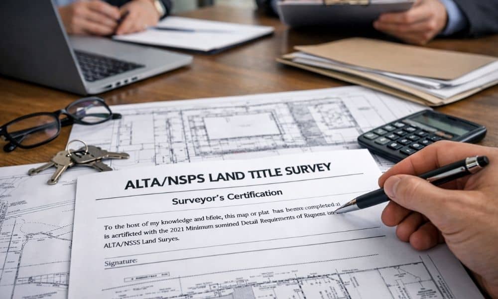 Professionals reviewing an ALTA land title survey certification before a commercial property closing