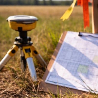 Close-up of a property corner marker and surveying equipment used during ALTA land surveys to document boundary intersections