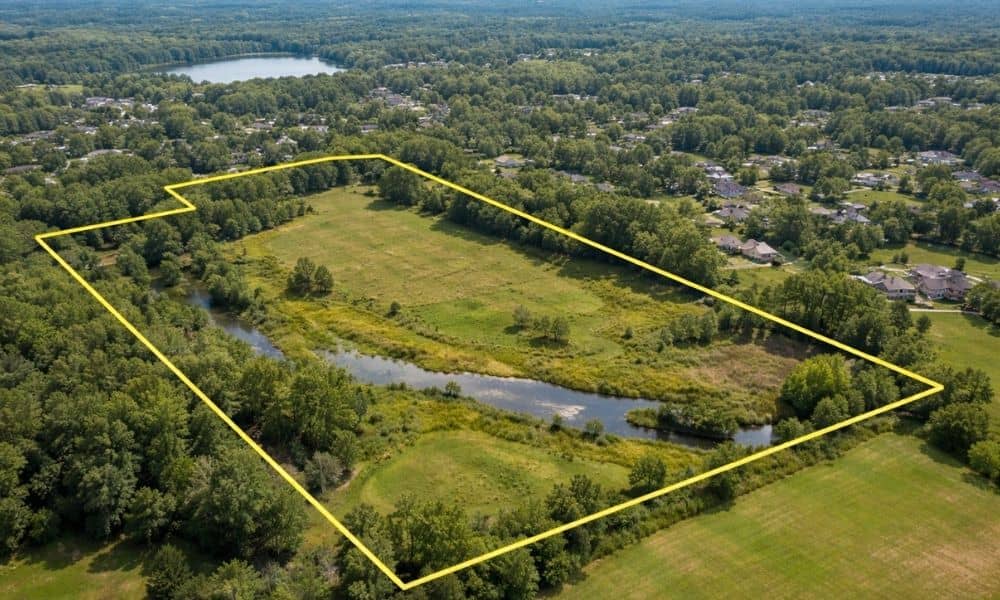 Aerial view of a property showing boundary lines and land features used in an ALTA land survey