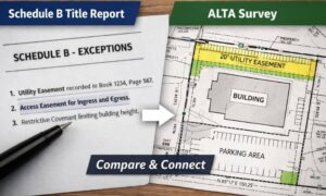 Side-by-side comparison of a title report and an alta title survey showing easement locations and property layout