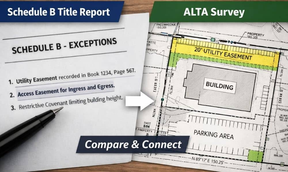 Side-by-side comparison of a title report and an alta title survey showing easement locations and property layout