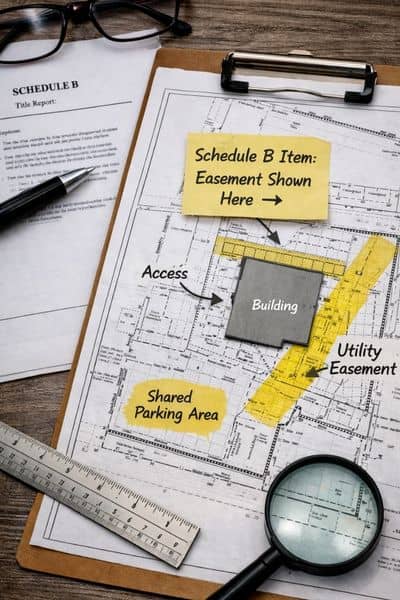 Marked survey showing how Schedule B exceptions align with features on an alta title survey, including easements and access areas
