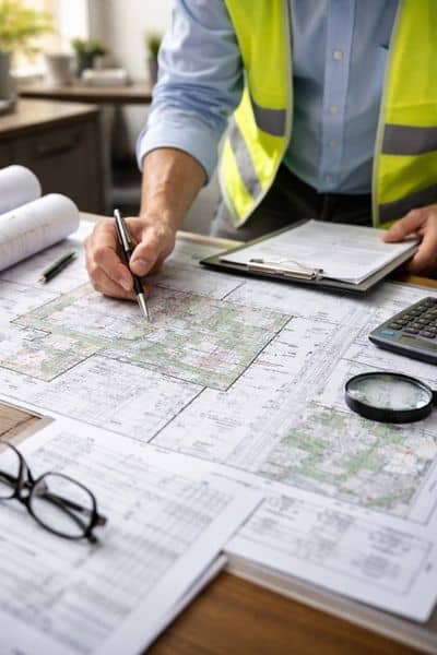 Engineer reviewing property maps and documents for an ALTA land title survey to protect property investment
