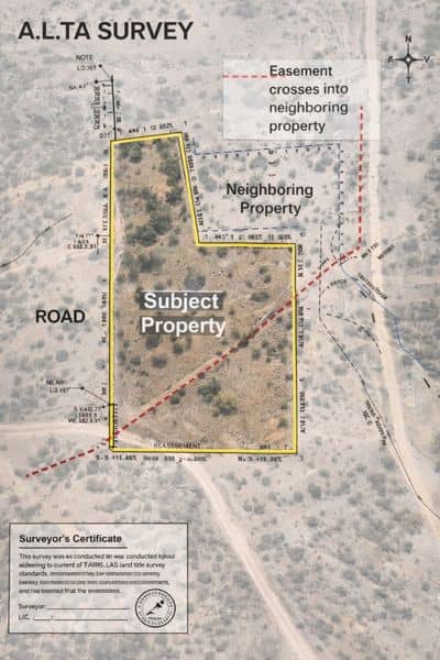 Survey map showing property boundaries and access route, illustrating how an alta land survey helps confirm legal property access