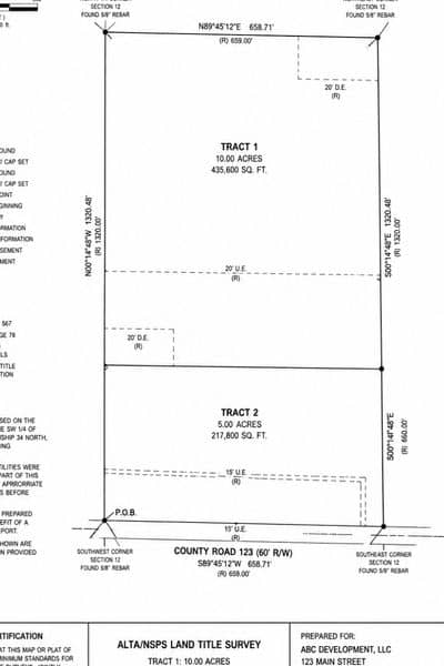 Land survey map with parcel boundaries and measurements used for an ALTA title survey