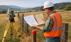 Surveyor comparing a boundary survey with a property deed at a property boundary