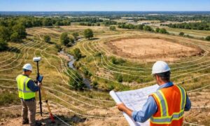 Surveyor and engineer reviewing a topographic survey with contour lines on a development site before grading and construction