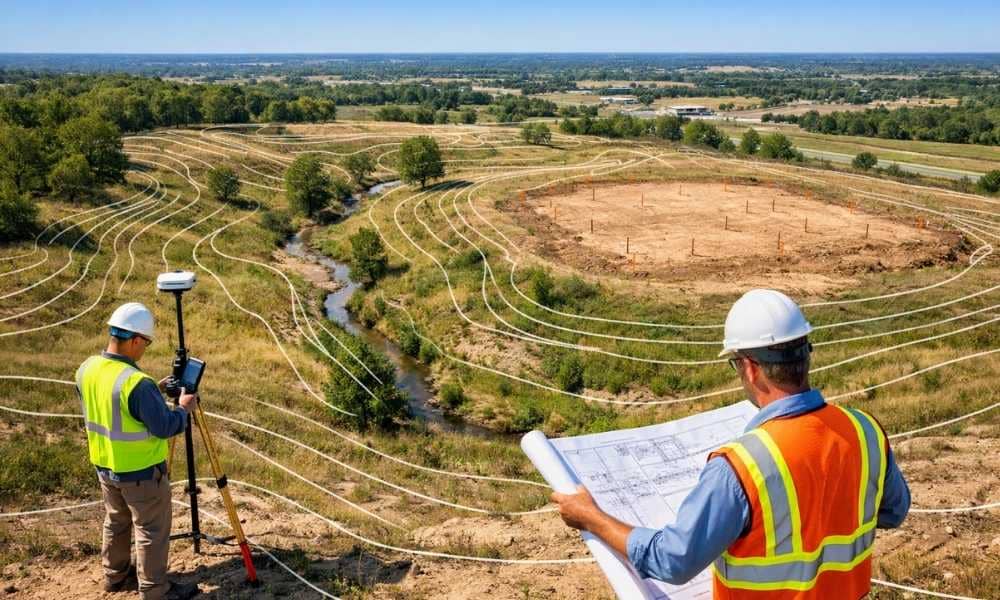 Surveyor and engineer reviewing a topographic survey with contour lines on a development site before grading and construction