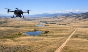 A drone survey captures a large ranch with rolling hills, fence lines, stock ponds, and mountain foothills