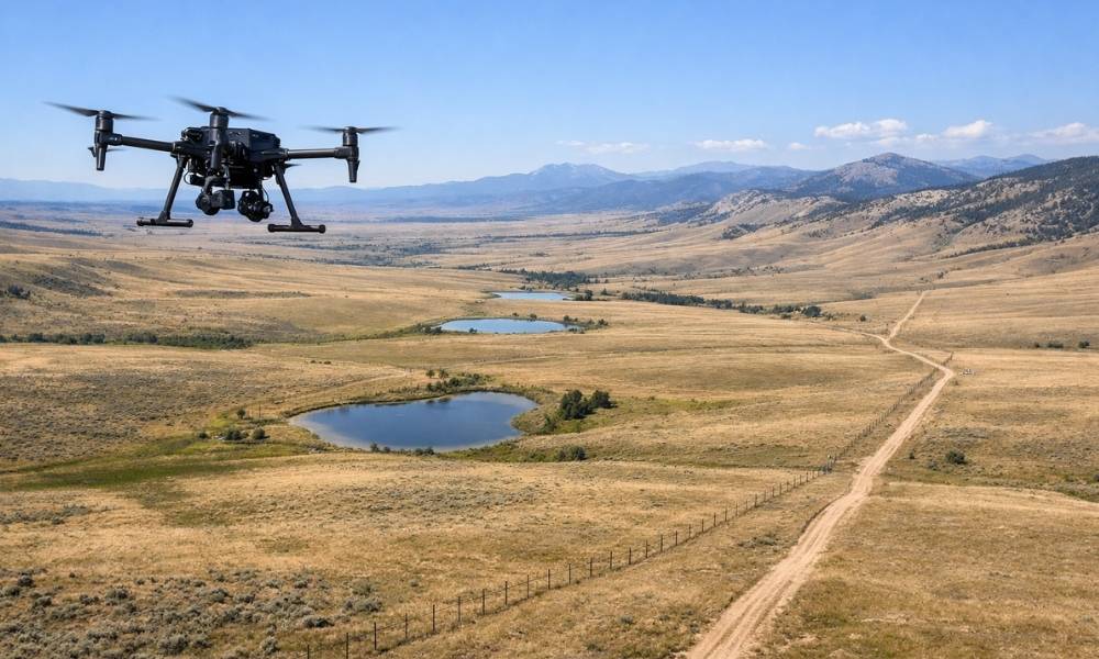 A drone survey captures a large ranch with rolling hills, fence lines, stock ponds, and mountain foothills