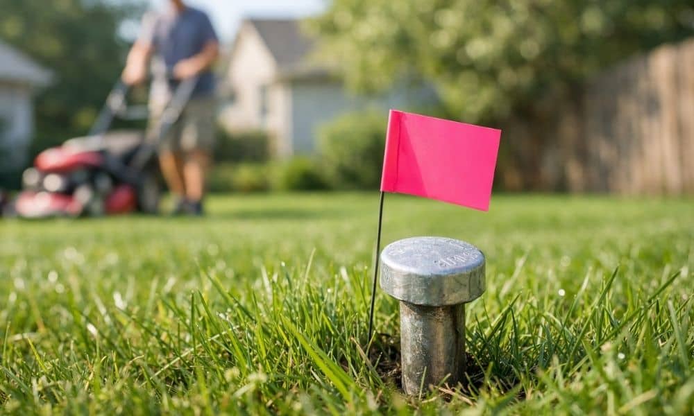 Metal property survey pin with a pink survey flag marking a residential property corner while a homeowner mows the lawn in the background