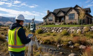 A licensed land surveyor measuring the elevation of a Wyoming home to prepare an elevation certificate for flood insurance