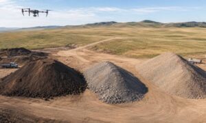 Drone survey of gravel and soil stockpiles at an active construction site in Wyoming