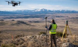 Drone survey and land survey methods used to map Wyoming terrain with aerial and ground surveying equipment