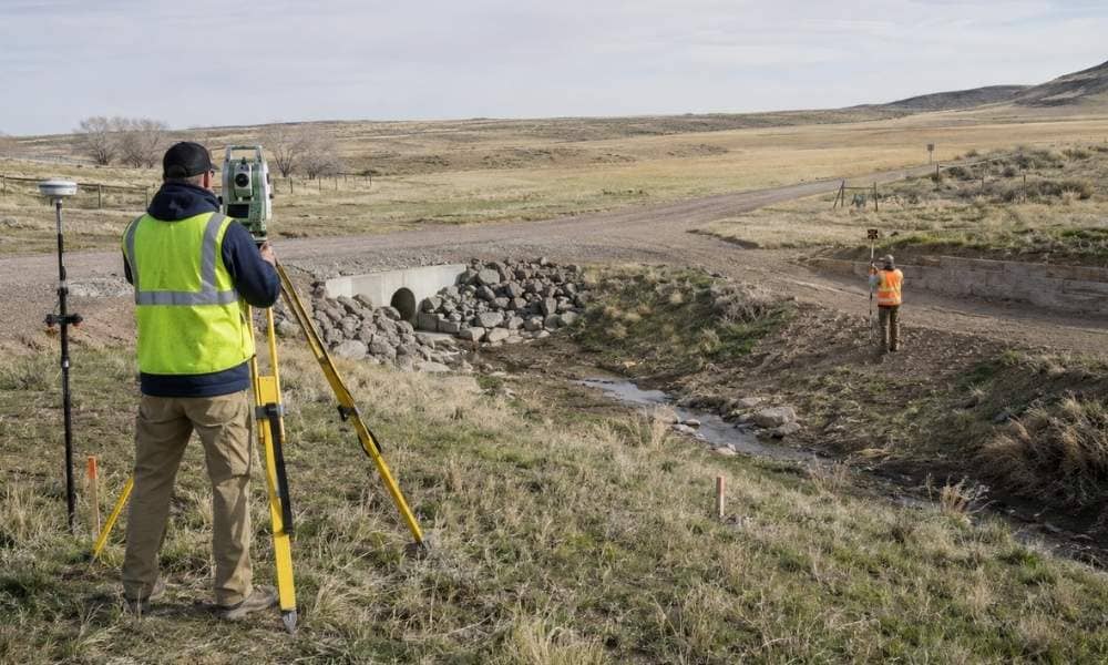 A survey crew completes a topographic survey near a drainage channel in rural Wyoming
